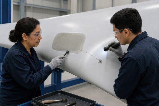 Wind turbine lightning protection inspection - engineers verifying a composite patch beside a receptor