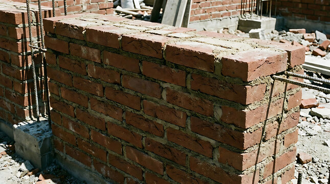 Red brick wall under construction on a building site