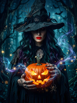 Mysterious Witch Holding A Glowing Jack O Lantern In Dark Forest