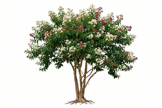 Ultra-realistic mature Seven-Son Flower Tree (Heptacodium miconioides), medium-sized deciduous ornamental tree with open rounded crown, dark-green lanceolate leaves, abundant fragrant clusters