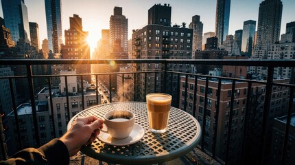 Fototapeta premium First person view of person holding cup of hot coffee on apartment balcony. Morning sun rises over New York City skyline. Urban landscape with skyscrapers, buildings visible from high floor terrace.