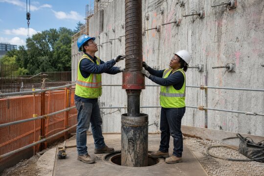 Geotechnical slope inclinometer monitoring - workers coordinating a grooved casing lift