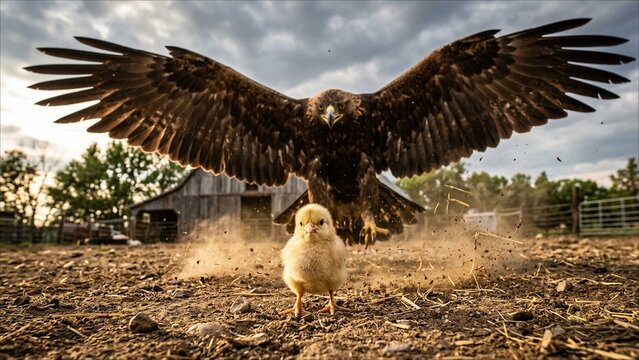 Small yellow chick facing a large golden eagle in a dusty farmyard