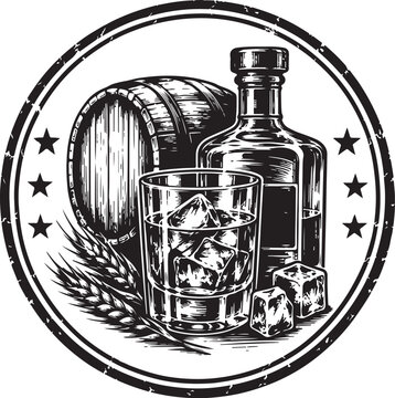 Whisky round logo - bottle , glass, barrel 