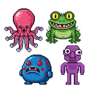 Colorful pixel art fantasy creatures