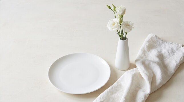 Minimalist White Table Setting &mdash; Flower Vase, Empty Plate and Linen Napkin