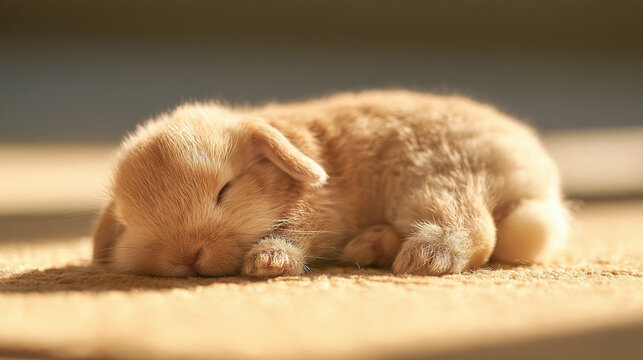 Sleepy domestic rabbit Oryctolagus cuniculus resting on warm surface