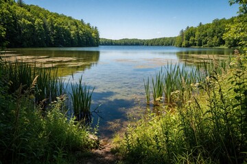 Obraz premium Scenic view of calm lake from hiking trail in Ontario forest. Green trees surround blue water with reeds, aquatic plants. Sunny summer day landscape with clear sky, peaceful nature scenery for