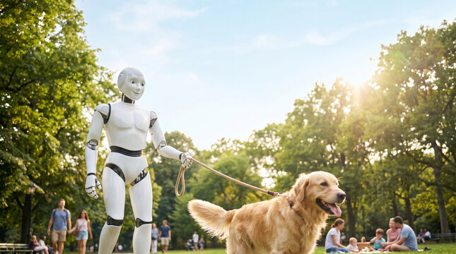 Friendly futuristic humanoid robot walking a happy golden retriever dog in a sunny green park