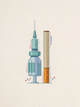 Minimalist conceptual vector illustration comparing a syringe vial and a cigarette representing health and addiction themes