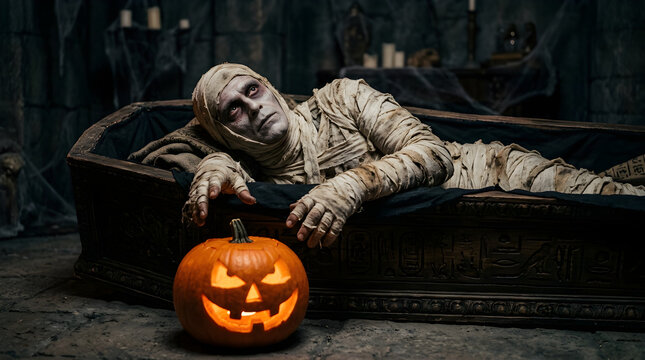 Spooky Ancient Mummy Reaching For A Glowing Halloween Jackolantern