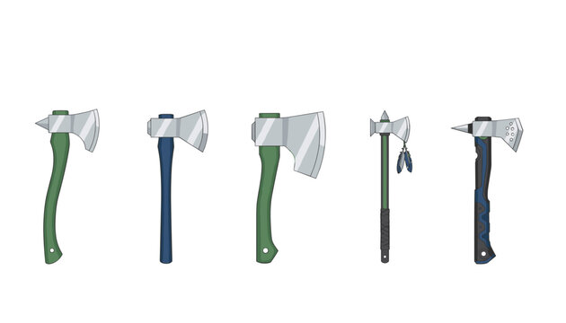 Diverse collection of five historical and modern axes shows different head shapes and handle materials in a horizontal lineup.