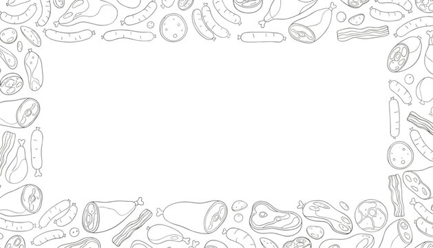 Meat products frame design with various sausages and cuts of ham in a hand-drawn black and white sketch style.