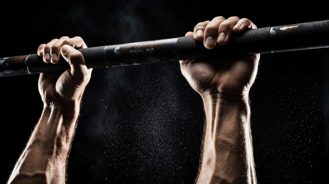 Close up of muscular male hands gripping metal pull up bar with white chalk dust. Athlete performs calisthenics training in dark gym. Strong arms show intense effort, strength, determination during