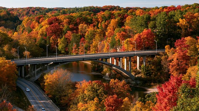 a multitiered bridge spanning a winding road. The bridge has a modern design with concrete pillars and spans over a body of water.