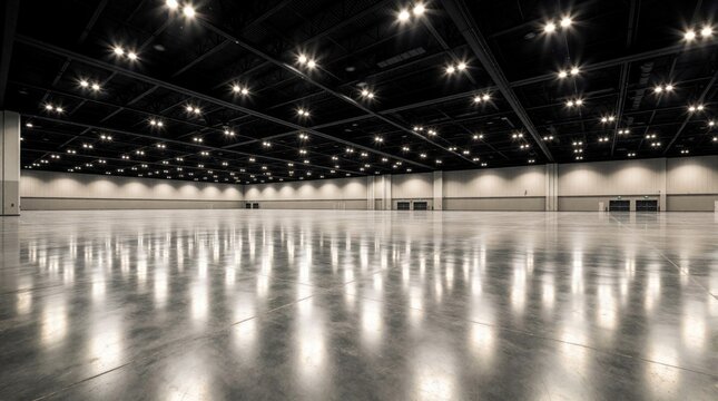 Large empty convention center hall with polished concrete floor, bright ceiling lights. Modern industrial architecture provides vast indoor space for trade show, business expo, corporate event.