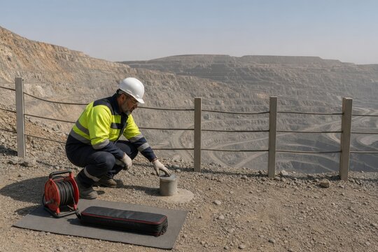Geotechnical slope inclinometer monitoring - an engineer inspecting a monument in an open pit mine