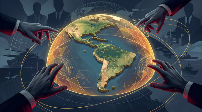 Conceptual illustration of hands reaching toward a glowing globe of the Americas, representing geopolitics, military influence, and global power struggles