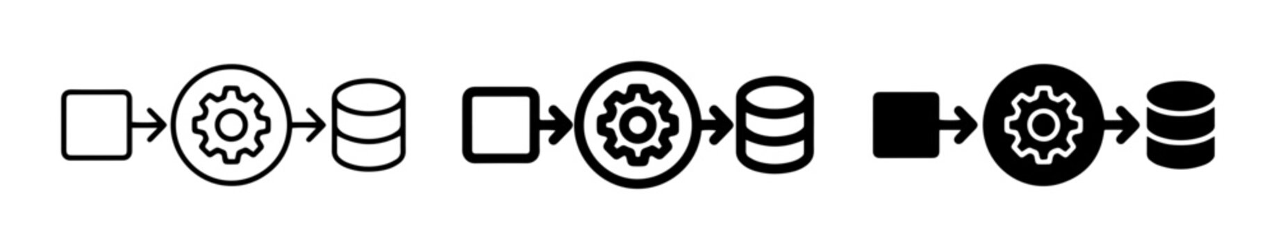 6 Server processing silhouette icons, database, gear, solid black style, technology workflow