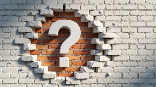 Broken white brick wall red bricks, large white question mark inside. Cracks, debris surround symbol in damaged masonry structure. Concept of mystery, doubt, problem solving unknown answers in old