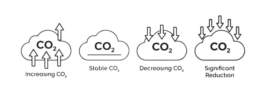 Carbon dioxide concentration infographics with cloud shapes and line arrows showing trends.