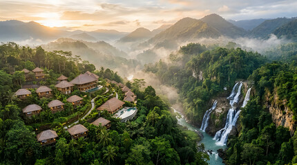 Obraz premium Tropical resort sits near a scenic waterfall in a lush mountain valley.