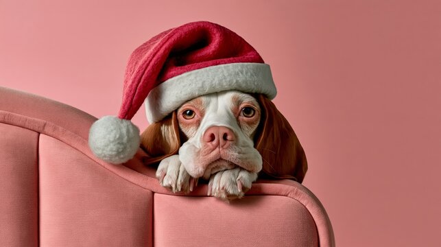 Funny dog wearing Santa hat, grumpy, unimpressed