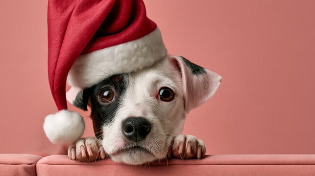 Funny dog wearing Santa hat, grumpy, unimpressed