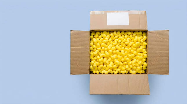 Cardboard box filled with yellow packing peanuts sits on a blue surface.