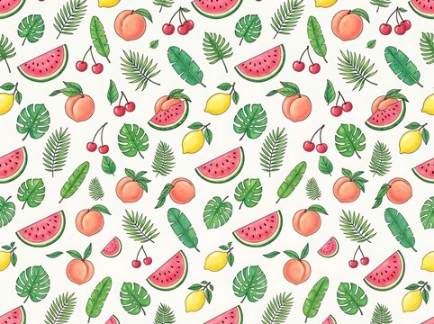 Summer Fruit Pattern with Watermelon Slices, Peaches, Cherries, and Tropical Leaves, Vibrant Hand-Drawn Illustration for Seamless Textile Design