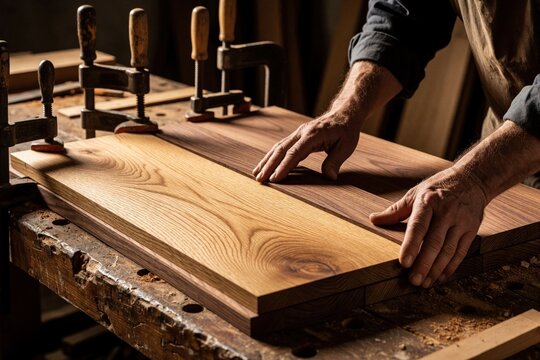 Skilled carpenter joins dark walnut wood panels on workbench. Man uses hands to align large hardwood planks for furniture making. Woodworking process involves gluing, clamping natural timber boards
