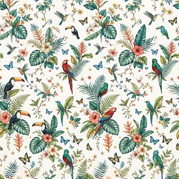 Tropical Jungle Seamless Pattern with Exotic Birds, Hummingbirds, Toucans, Parrots, and Vibrant Flowers, Botanical Illustration Background