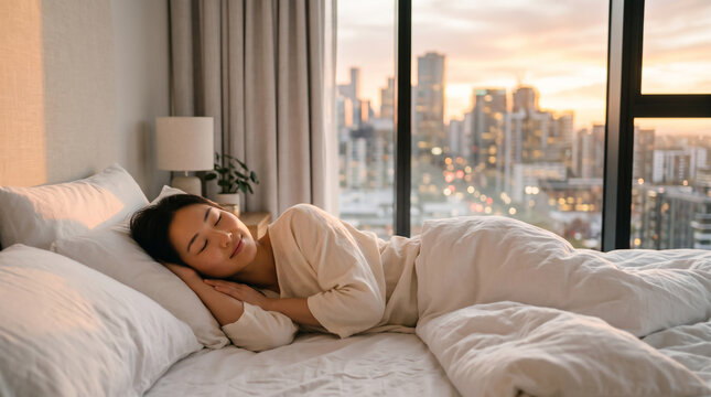 Woman sleeping peacefully in bed with city view at sunset world mental health day