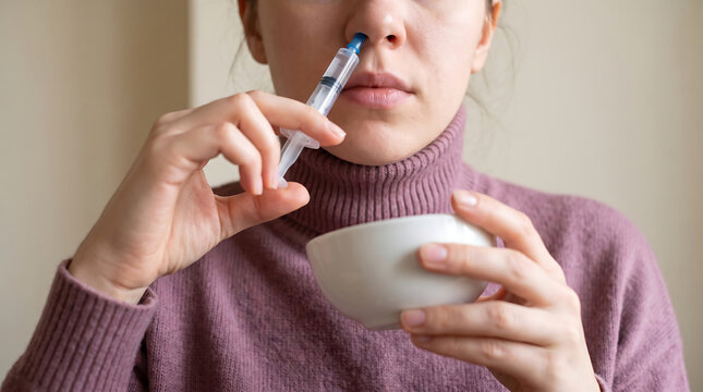 Young woman performing nasal irrigation with syringe and saline solution holding bowl to treat sinus congestion and cold symptoms health care concept