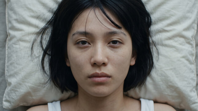 Close up portrait of young asian woman lying on pillow staring blankly with sad tired expression depression and mental health concept