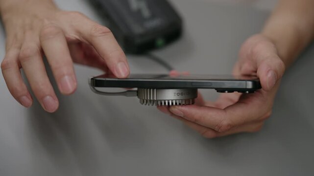 Closeup top view of young gamer male connecting cooling system to smartphone before gaming session. Male hands attaching portable radiator to device to prevent overheating from intensive using.