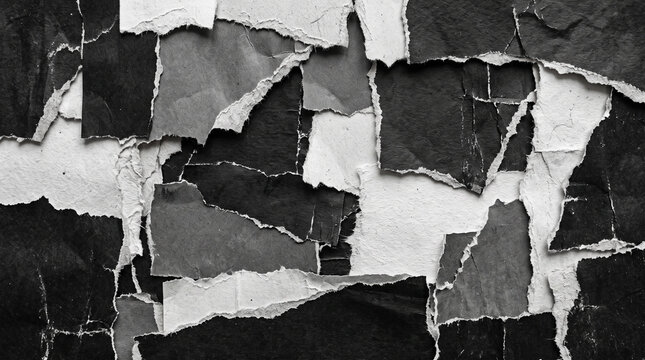Monochromatic torn paper collage texture backgrounds  featuring irregular ripped edges and layered charcoal black grey and white paper sheets providing detailed high contrast grunge texture