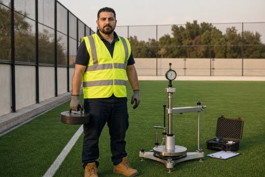 Sports field turf performance testing - an engineer beside a deformation rig