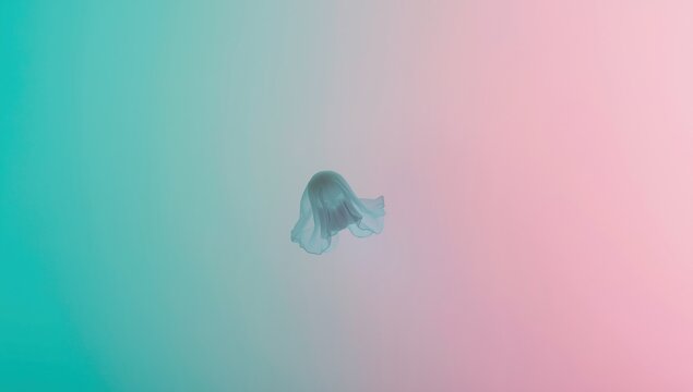 Ghost silhouette floating in ethereal gradient background, minimalist supernatural concept with soft pastel teal and pink lighting