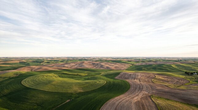 Aerial View of Rolling Farmland and Agricultural Fields