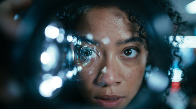 Woman Looking Through Optical Lens for Biometric Vision Technology