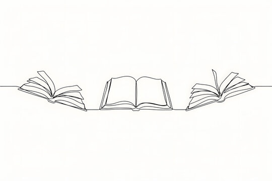 Minimalist continuous single line of three open books in a row, simple black and white on a plain white background