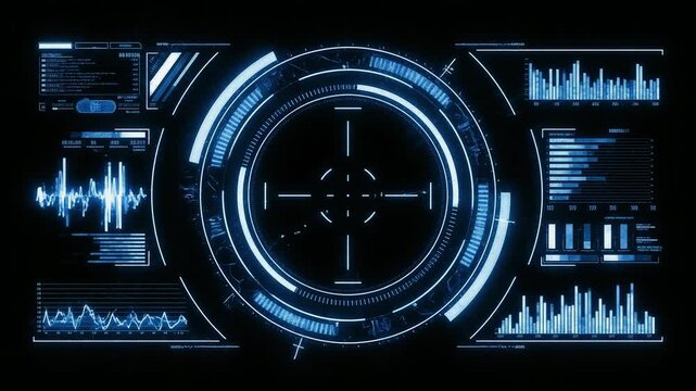 Blue digital HUD circle interface with data graphs on black background