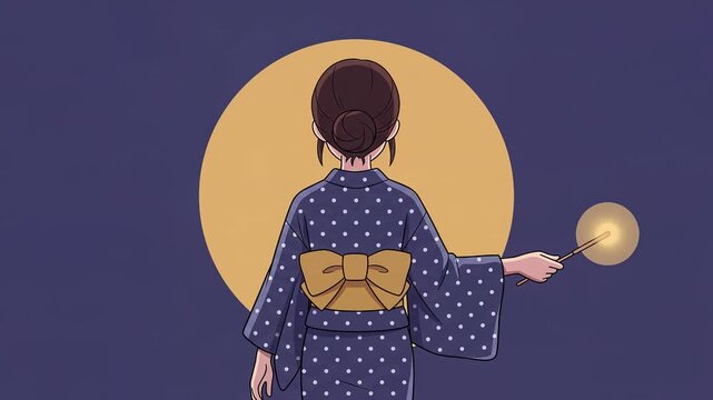 Anime girl from behind in indigo yukata holding sparkler firework, indigo night background, seamless loop 2D cel animation, retro lo-fi Japanese summer festival style, faceless, silent 8s