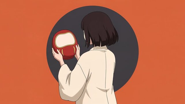 Anime girl from behind in haori holding round red daruma doll, soft vermillion background, seamless loop 2D cel animation, retro lo-fi Japanese folk charm style, faceless, silent 8 seconds