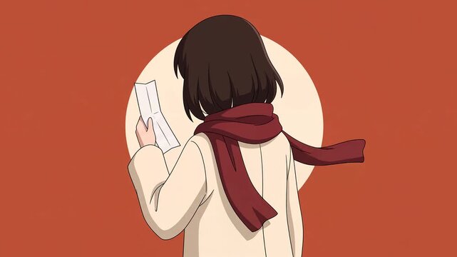 Anime girl from behind in shrine coat holding paper fortune slip, dusty red background, seamless loop 2D cel animation, retro lo-fi Japanese New Year style, faceless, silent 8s clip