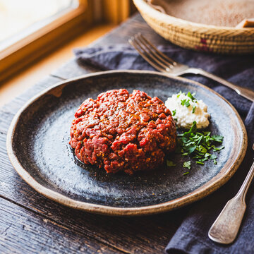Traditional Ethiopian Kitfo Spiced Minced Raw Beef Tartare Served with Ayib Cheese and Fresh Herbs on a Rustic Dark Plate