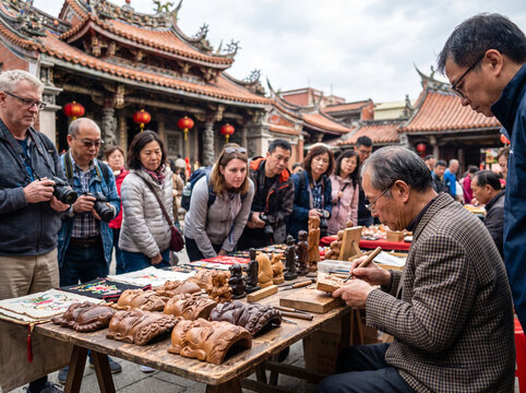 Elderly artisan demonstrates traditional woodcarving to curious tourists outside an ancient temple courtyard