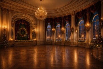 Obraz premium Elegant Christmas ballroom with chandelier, wreath, festive trees