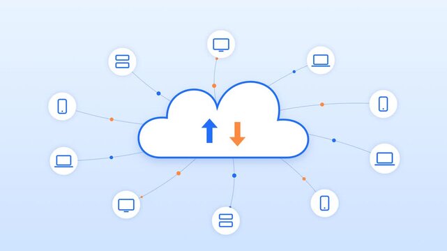 Cloud sync icon with upload and download arrows connected to laptops phones and servers